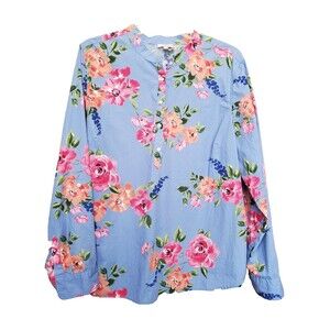 Talbots Cotton Blue Floral Roll-Tab Sleeve Henley Popover Tunic Size XL